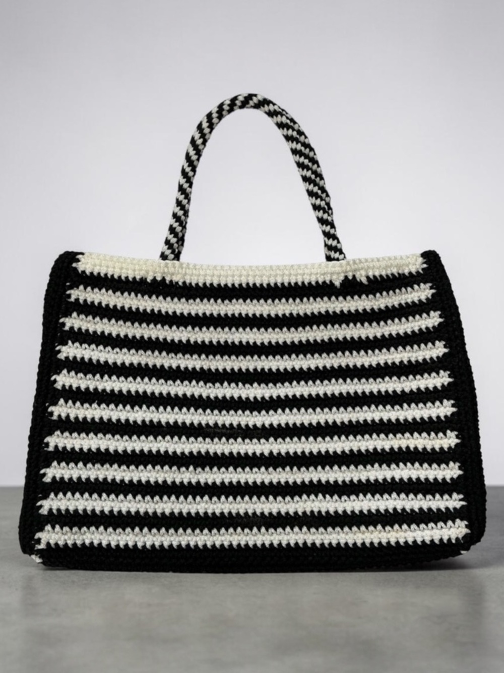 Crochet Macrame Black and White Striped Book Bag Tote